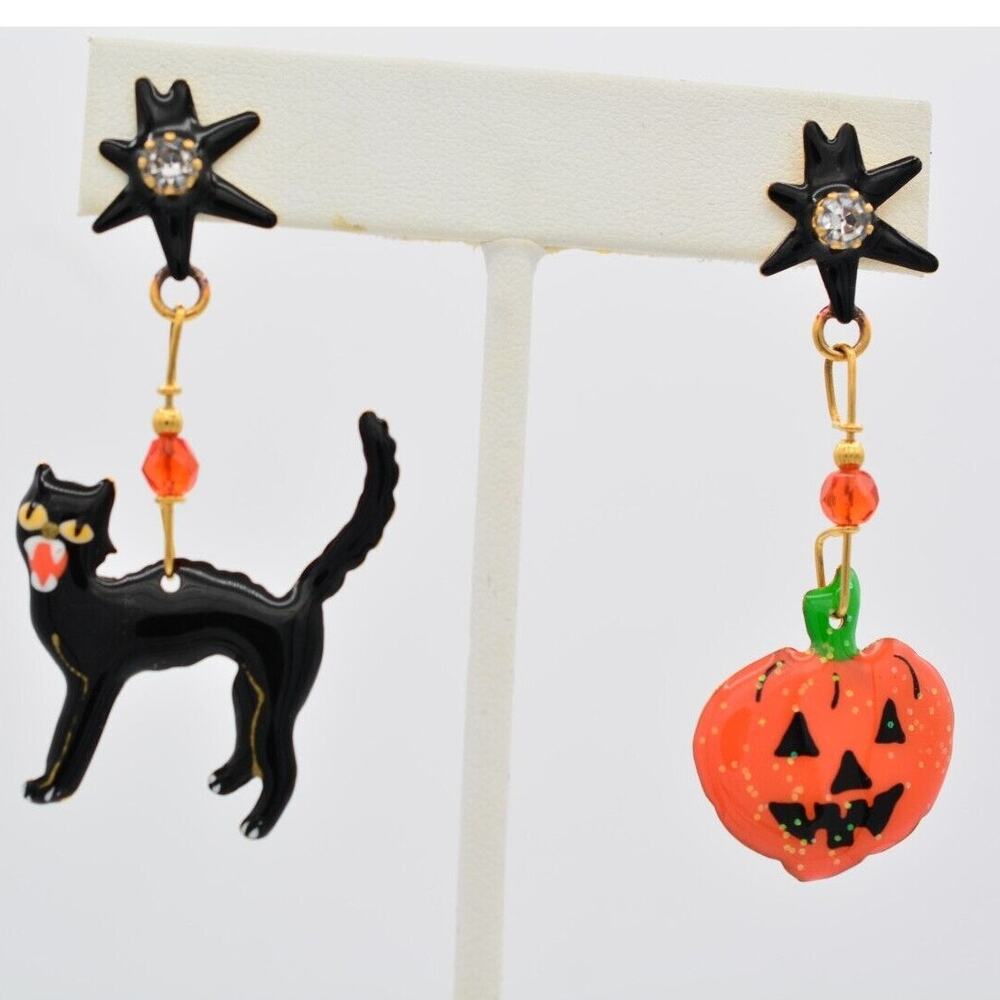 Lunch At The Ritz Halloween Earrings Scary Black Cat Pumpkin Star Signed BinH